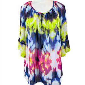 MILLY for Designation Tie Front Ruffled Bell Sleeve Chiffon Tie Dye Top Large